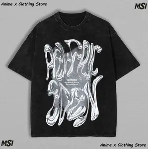 [OtakuRift] Aelfric Eden Metallic Chrome Graphic Tee: Oversize Washed T-Shirt, Unisex Streetwear Top, 3D Effect Vintage Merch.