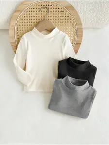 A 3-piece set of knitted solid color small stand collar long sleeved base T-shirt for toddlers, Baby girl clothes, versatile, suitable for spring, autumn and winter seasons, soft and warm, casual and comfortable, machine washable and dry cleanable