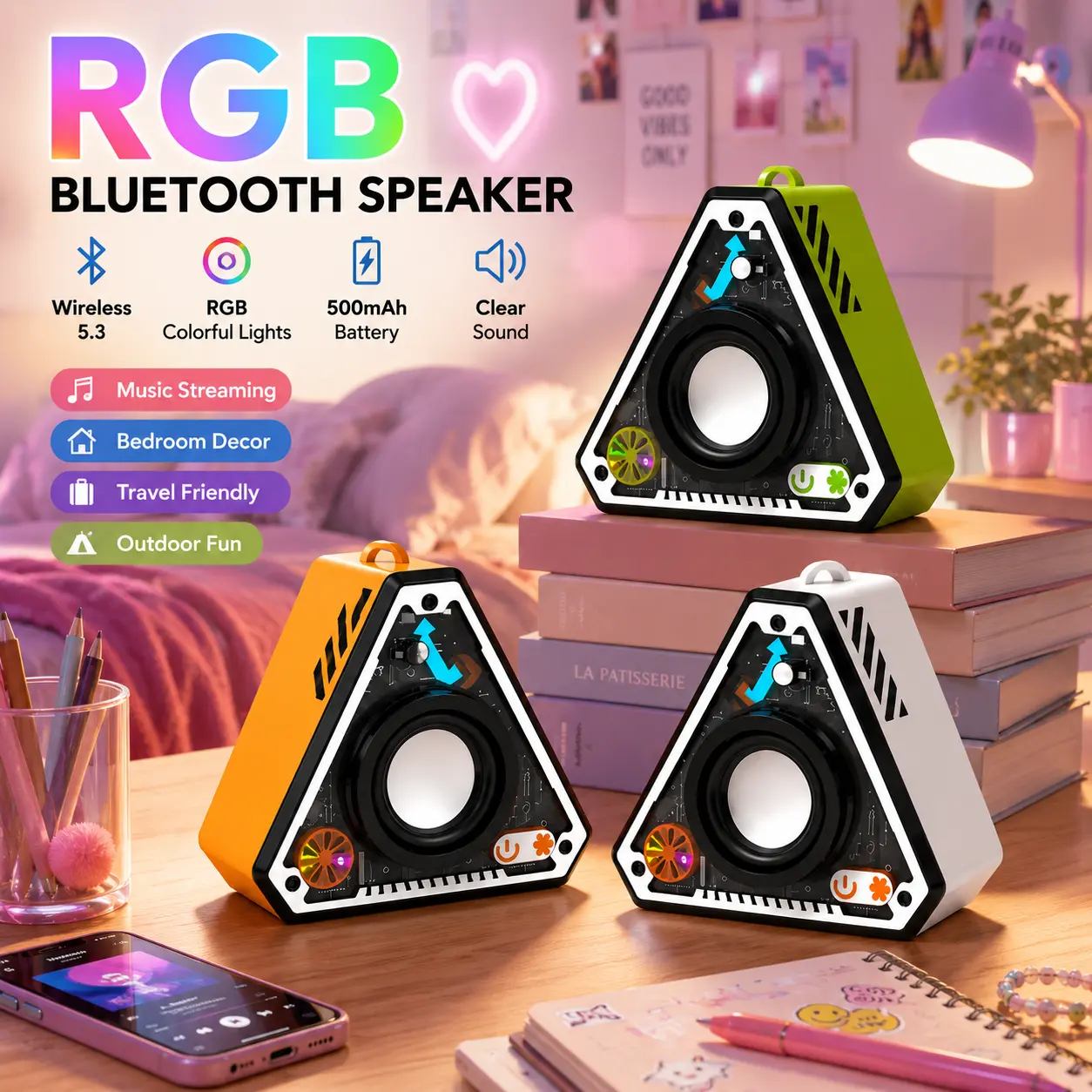 Compact Rechargeable Aesthetic RGB Bluetooth Speaker with Colorful LED Lights, Portable Wireless Audio Device for Smartphones-Tablets, Cable Music Streaming, Charging & Connection Support, Travel Use, Bluetooth Speakers, Speaker Bluetooth Portable