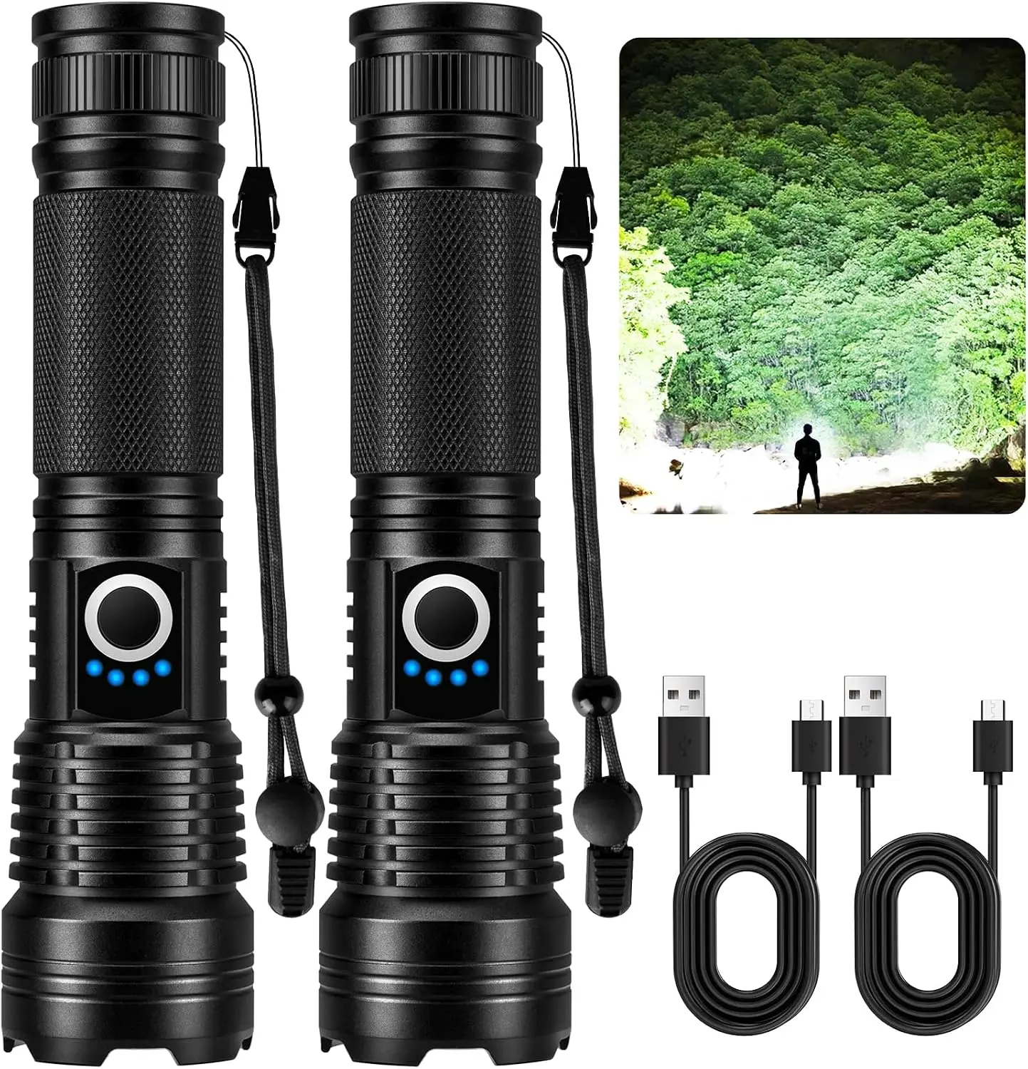 Rechargeable Tactical Flashlights 2 Pack, High Lumen Zoomable LED Torch, Waterproof Shockproof Handheld Flashlight with Power Indicator, Adjustable Brightness for Home Emergency, Camping, Backyard BBQ and Night Outdoor Use