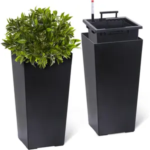 23" Tall Planters Set of 2, Outdoor / Indoor Black Planter Pots, High Front Porch Planter Pots with Drainage Holes Water Level Monitor and Inner Bucket, Automatic Watering, Convenience Instill