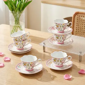 Floral Espresso Cups & Saucers Set of 6, 3oz Small Coffee Mugs, Ceramic Demitasse Cup for Tea, Latte, Espresso Shot Cup for Coffee Maker, Women Gifts for Mother's Day, Birthday