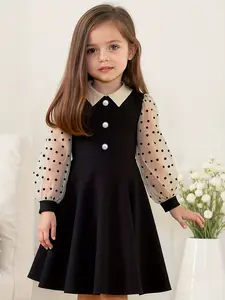 Elegant Girls' Leopard Print Lace Collared Dress, Long Sleeve Fitted Midi Dress for Spring & Fall, Casual Princess Party Dress, Ages 4-8