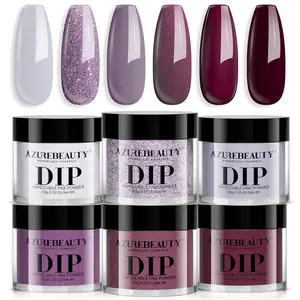 AZUREBEAUTY Dip Powder Nail Set, 6 Colors Purple Rose Red Glitter Natural Dipping Powder Starter Kit, French Nail Art Manicure DIY Salon, No Need Nail Lamp Cured