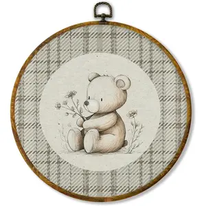 Hiuwevt Vintage Bear Nursery Round Wall Art Decor, Bear Floral Framed Canvas Prints, Neutral Gingham Animal Round Wall Hanging Decor for Kids Boy Girl Nursery Room Bedroom Decorations, 10x10 Inches