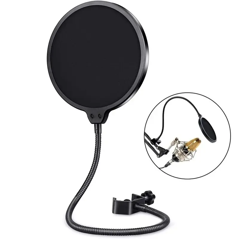 150mm Double-Layer Microphone Pop Filter, Flexible Windshield, Soundproof Singing Recording Accessory, Adjustable Mounting Clip for Studio Sessions