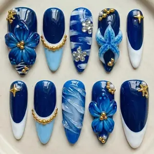 Elegant Y2K Handmade Deep Sea Nails, Gradient Blue with Glitter Nails and Sparkly Rhinestones Accents, Reusable 10-Piece Set, Perfect for Parties and Dates