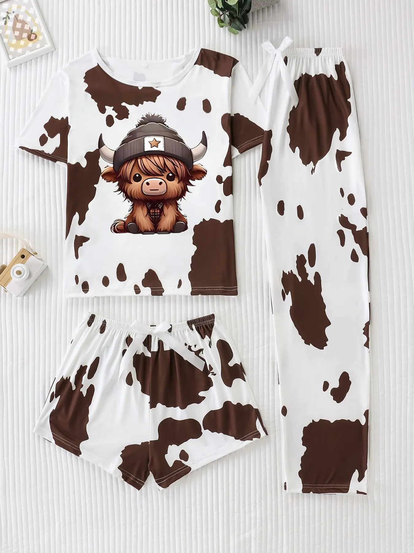 Women's Three-Piece Sleepwear Set, Cartoon Highland Cow Print, Casual Fitted Nightwear, All Seasons Comfortable Loungewear, Pajama Set, Pjs