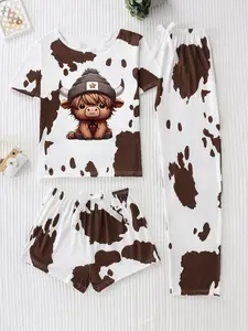 Women's Three-Piece Sleepwear Set, Cartoon Highland Cow Print, Casual Fitted Nightwear, All Seasons Comfortable Loungewear, Pajama Set