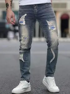 Men's Blue Distressed Patch Ripped Denim Jeans, High Street Trendy Spring Summer New Arrival, Elastic Slim Fit Skinny Pants, Streetwear