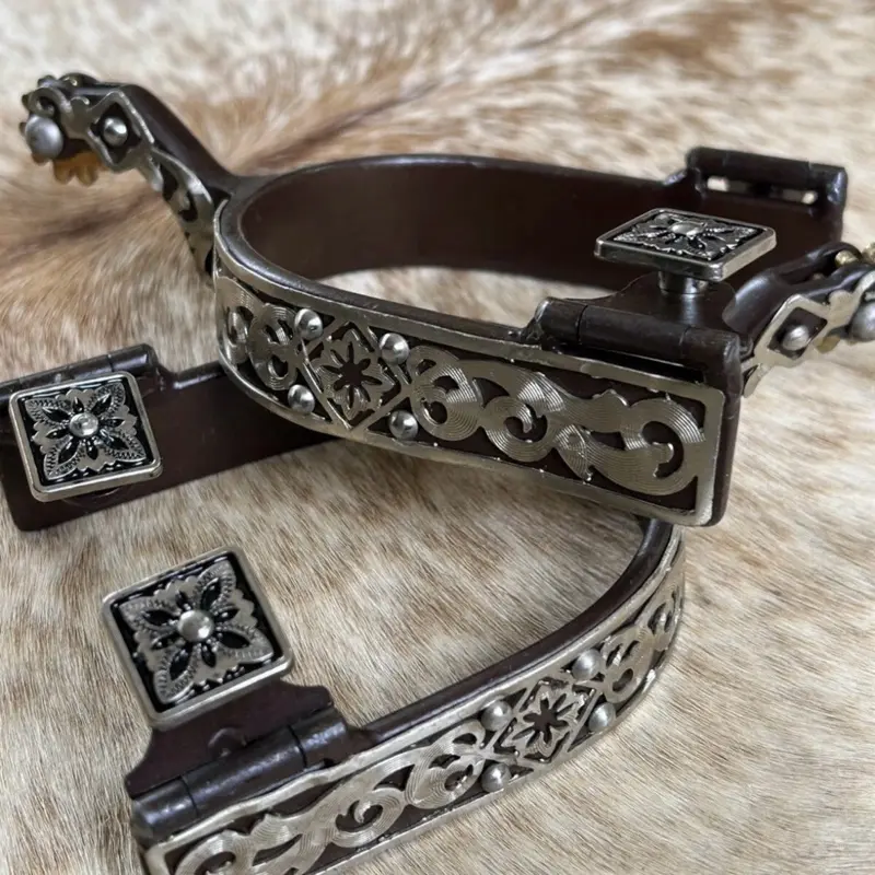 Pair Adult Brown Steel Western Spurs Engraved Silver Scrollwork Design