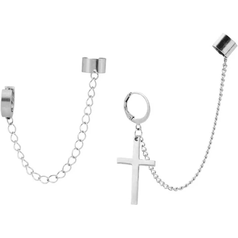 Stainless Steel Cross Clip-On Earrings with Asymmetrical Chain Ear Cuff, Punk Gothic Dangle Jewelry for Men, No Piercing Alternative Style, Affordable Fashion, Gothic Style, Men’s Earrings, Cross Motif, Nickel-Free