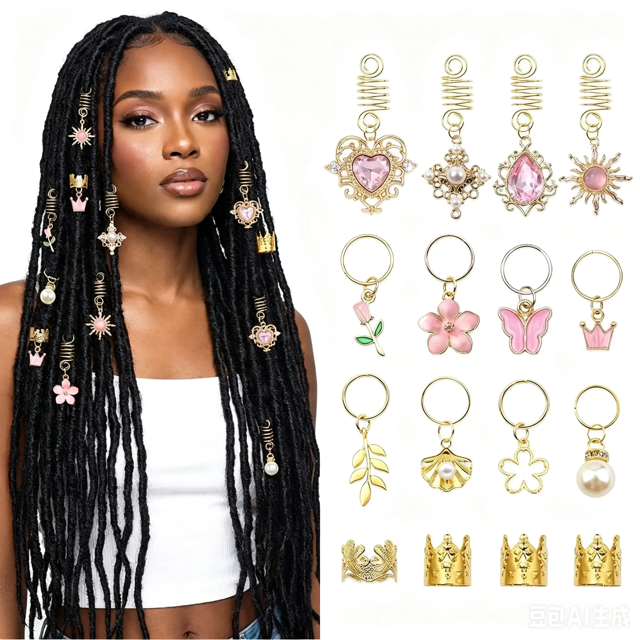 36 Pcs Hair Jewelry Set with Elegant Pink Crystal & Faux Pearls - Gold Butterfly & Flower Loc Charms, Adjustable Cuffs for Women, Girls, Parties & Events, Braids, Friends, Heart, Dreadlocks, Hair Accessories, Rhinestones, Crown