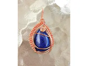 Lapis Lazuli Natural Gemstone Tear Drop Cabochon Copper Wire Art Pendant for Adults Virgo Sagittarius 1x1 inch