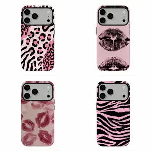 Pink Leopard Print Aesthetic Phone Case, Grunge Lips Print Vibe Phone Case, Compatible for iPhone 17 16 15 14 13 12 11