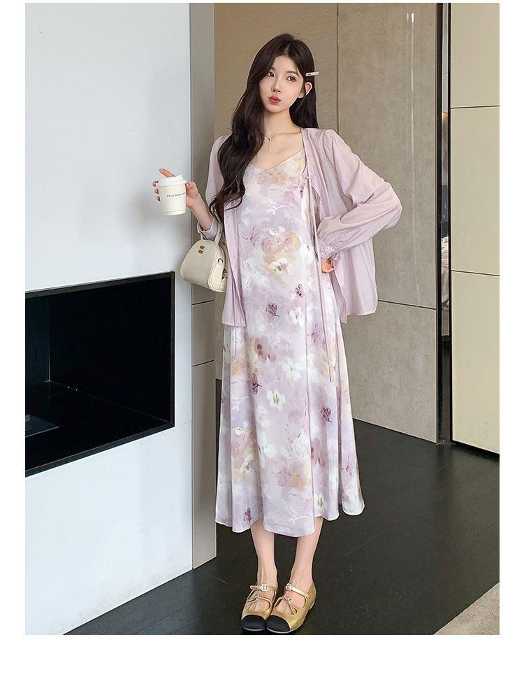 Sweet And Gentle Style Purple Printed Slip Dress Shirt And Cardigan Two-Piece Set