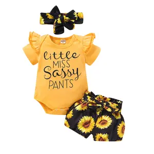 Baby Girls 3PCS Cotton Blend Infant Toddler Clothes Romper Bodysuit Floral Halen Short Tops Pants Clothing Sets #springtok