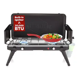 Hike Crew Gas Camping Stove | 2 Burner Propane Stovetop for Outdoor Use | 20,000 BTU | Foldable With Igniter & Regulator | Includes Wind Panels & Handle