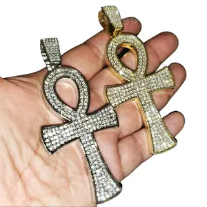 Large Ankh Cross Hip Hop Jewelry Iced Egyptian Gold plated Cubic Zirconia Bling Charm Pendant Accessory Anniversary Birthday Daily