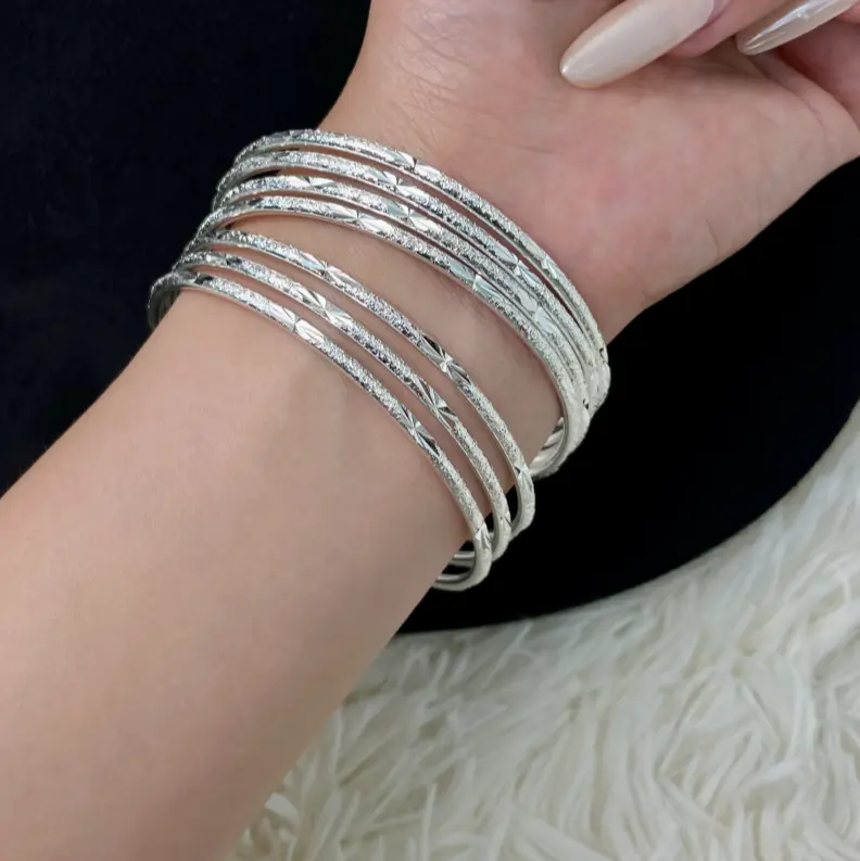 925 Sterling Silver Bangles for Women Stackable Bracelets Set 7 Pcs Arm Candy Diamond Cut Frosted Textured Wire Cuff Sparkling Gypsy Jewelry Boho Layering Bangles Gift