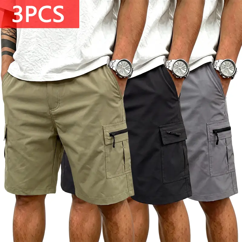 Men's 3-Pack Plain Elastic Polyester Cargo Shorts Set - Black+Black+Gray, Summer Elastic Waist, Multi Pockets, Casual Mid-Length Quick-Dry Outdoor Menswear Bottoms, 3-Pack: Black + Black + Gray, Elastic Polyester Shorts