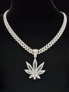 Fashion Creative Maple Leaf Pendant Necklace, 9mm Full Rhinestone Cuban Chain, Hip Hop Street Style Punk Vintage Iced Out Jewelry for Men Women, Rhinestone Decorated Necklace