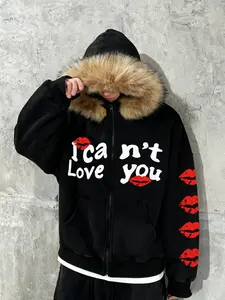 Men's Zipper Faux Fur Hoodie I Can't Love You Lip Print, Graphic Street Style, Y2K Fashion, Casual Fall & Winter Wear