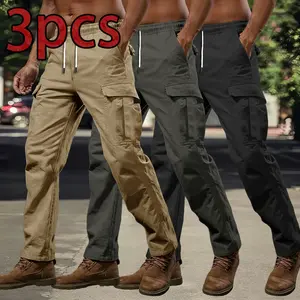 Men’s 3-pack loose-fit cargo pants featuring multiple pockets and an elastic waistband; casual streetwear style with drawstring trousers suitable for outdoor activities, urban fashion, everyday casual wear, and weekend outings.