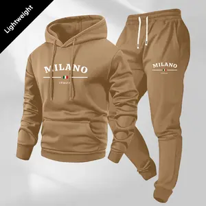 Men's letter print hooded sweatshirt and casual pants set, featuring a kangaroo pocket and drawstring hoodie design; men's elastic waist drawstring athletic pocket jogger pants two-piece set; men's lightweight spring and autumn clothing.
