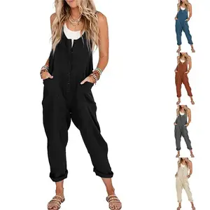 Women's Linen Cotton Overalls Jumpsuits, Loose Casual Adjustable Straps Jumpers with Pockets, Minimalist Womenswear