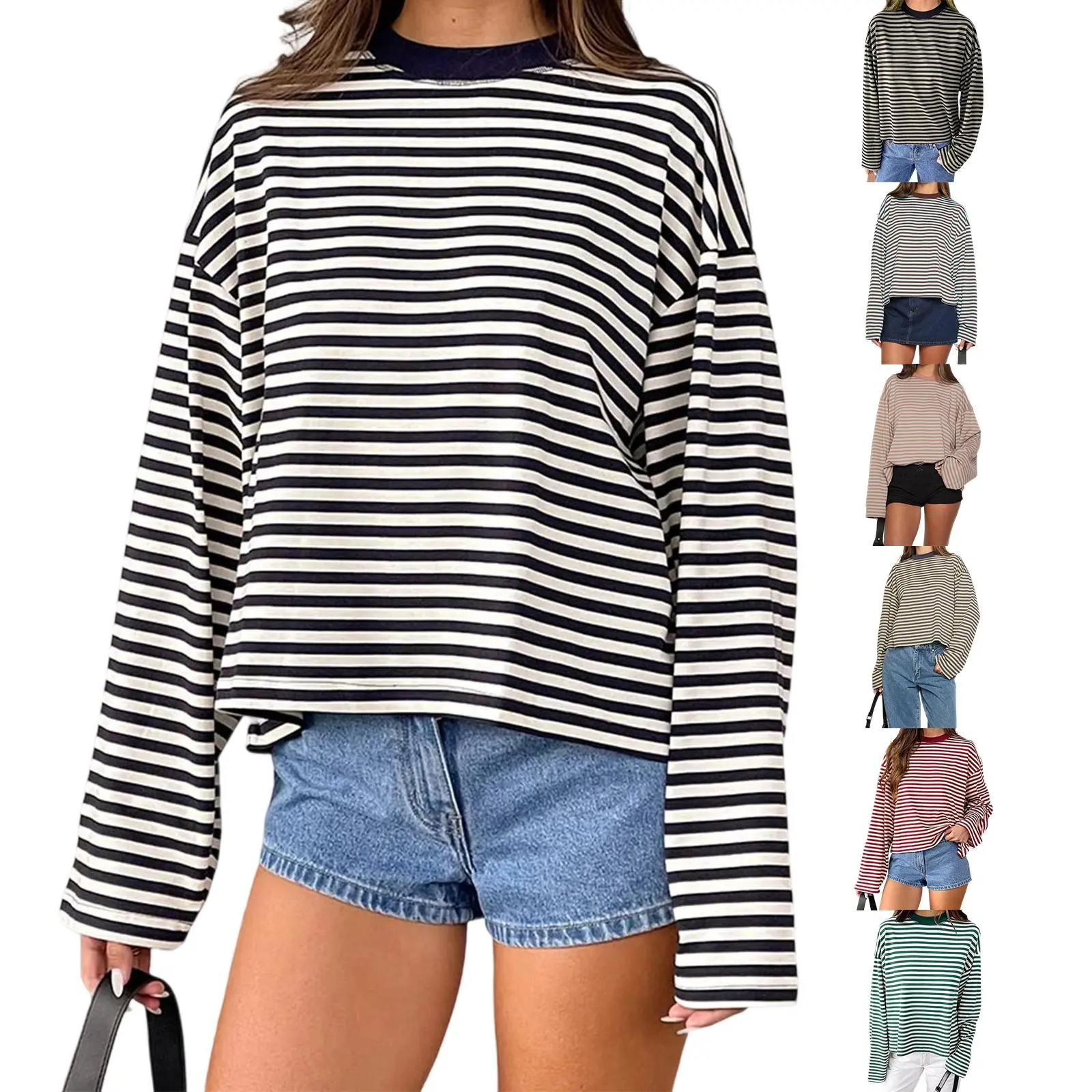 Women's Women T-shirt, Long Sleeve Crew Neck Loose Ladies Fall Casual Striped Top Streetwear
