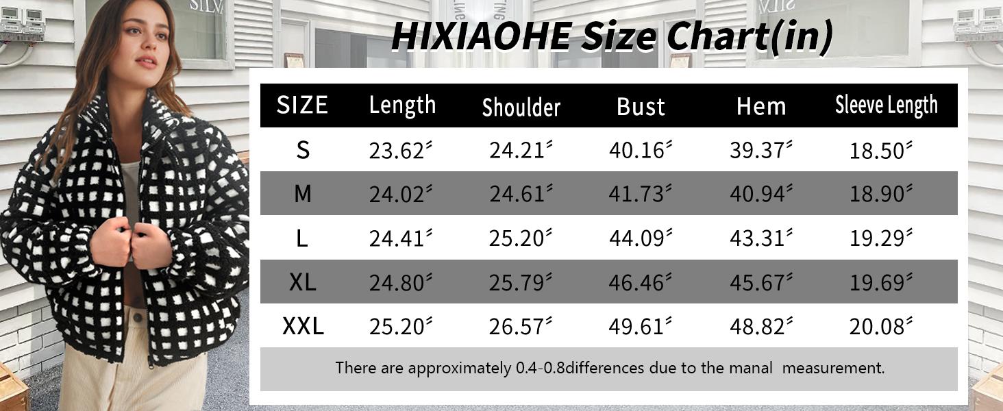 Hixiaohe Womens Checkered Sherpa Jacket Cropped Long Sleeve Plaid Fleece Coats Casual Zip Up Gingham Outwear with Pockets