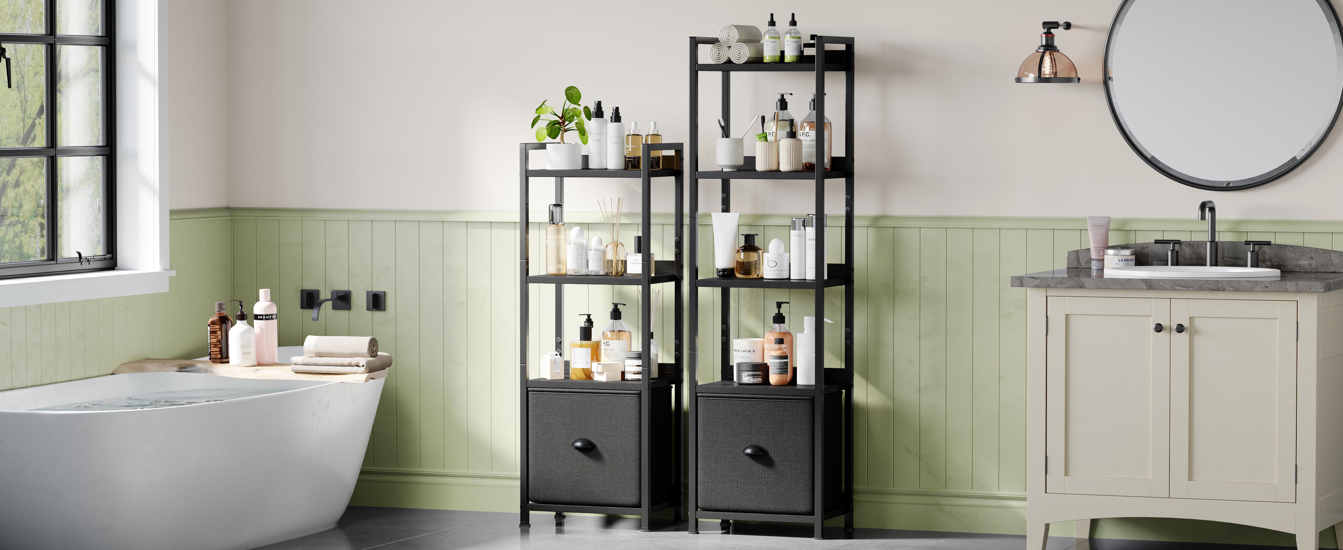 Slim Bookshelf with Fabric Drawer, Tall Narrow Wood & Metal Storage Shelf Unit, Space Saving Bookcase for Living Room, Bedroom, Office