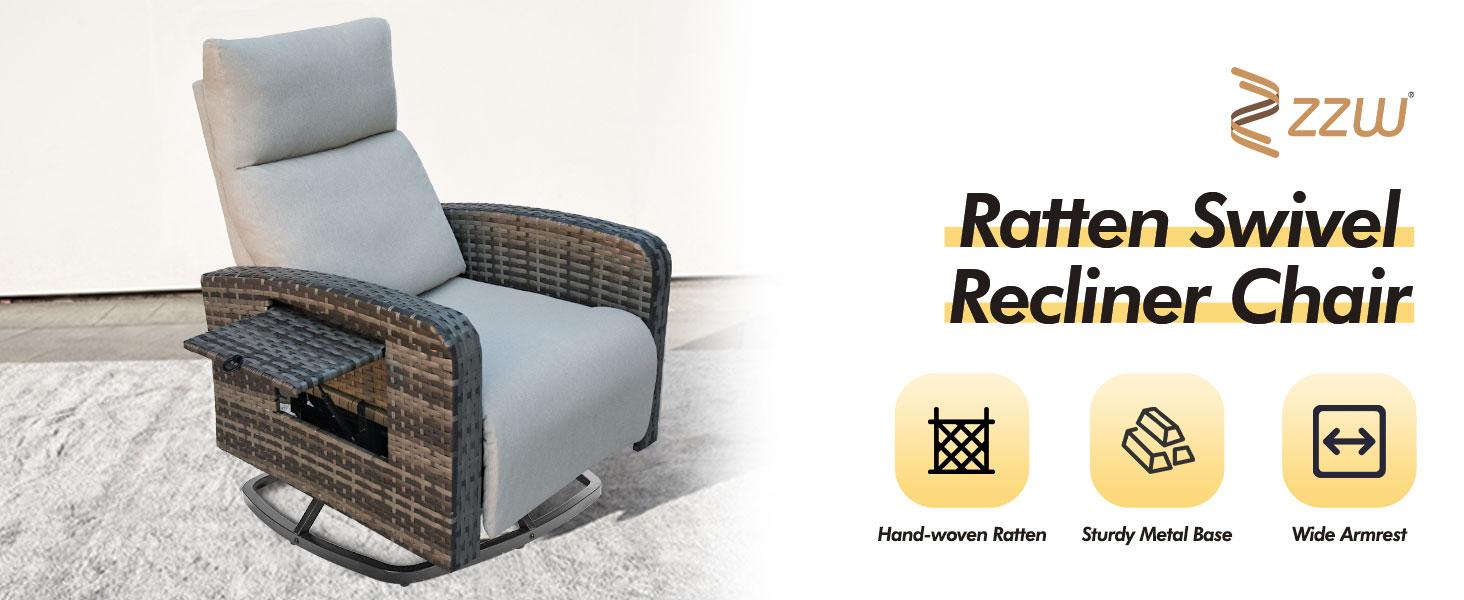 ZZWHOM Cozy PE Wicker Recliner with Side Table – 1/2 PCS Set, Outdoor Patio Chair with Reclining Back, Swivel & Non-Swivel Options for Morning Coffee on Balcony or Poolside Lounging