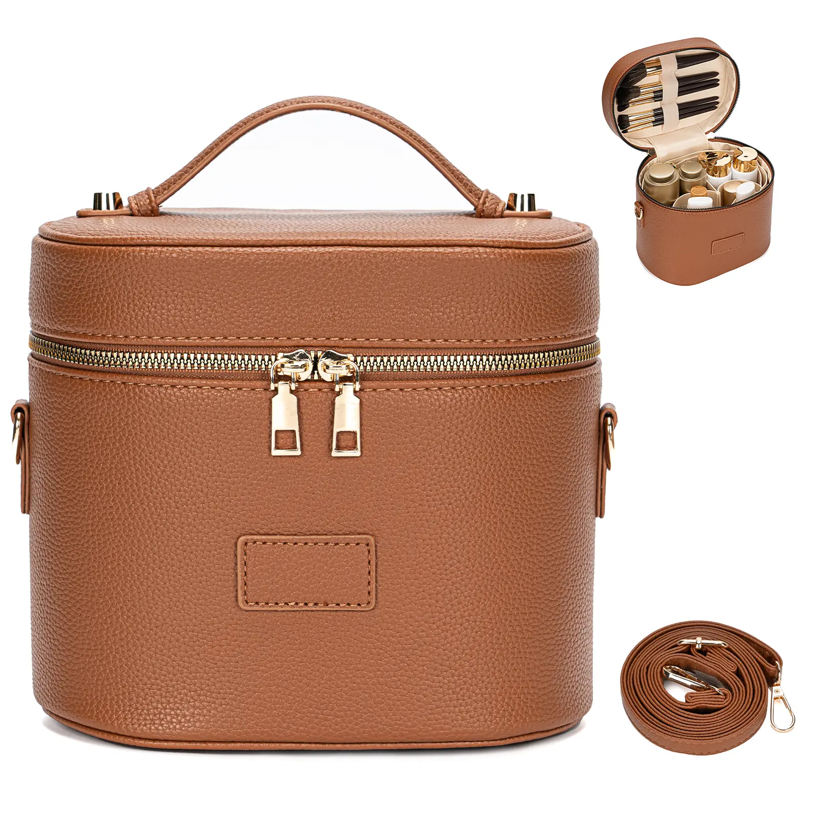 Leather Vanity Case Makeup Bag with Removable Divider, Washable Compartments, Dual Zipper & Carry Handle – Travel Toiletry Organizer for Women Beauty Bag Cosmetics Accessories