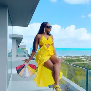 Vita Resort Yellow Dress - Casual Women's Dress with V-Neckline and Pants Details, Perfect for Beach or Poolside Outings - Womenswear