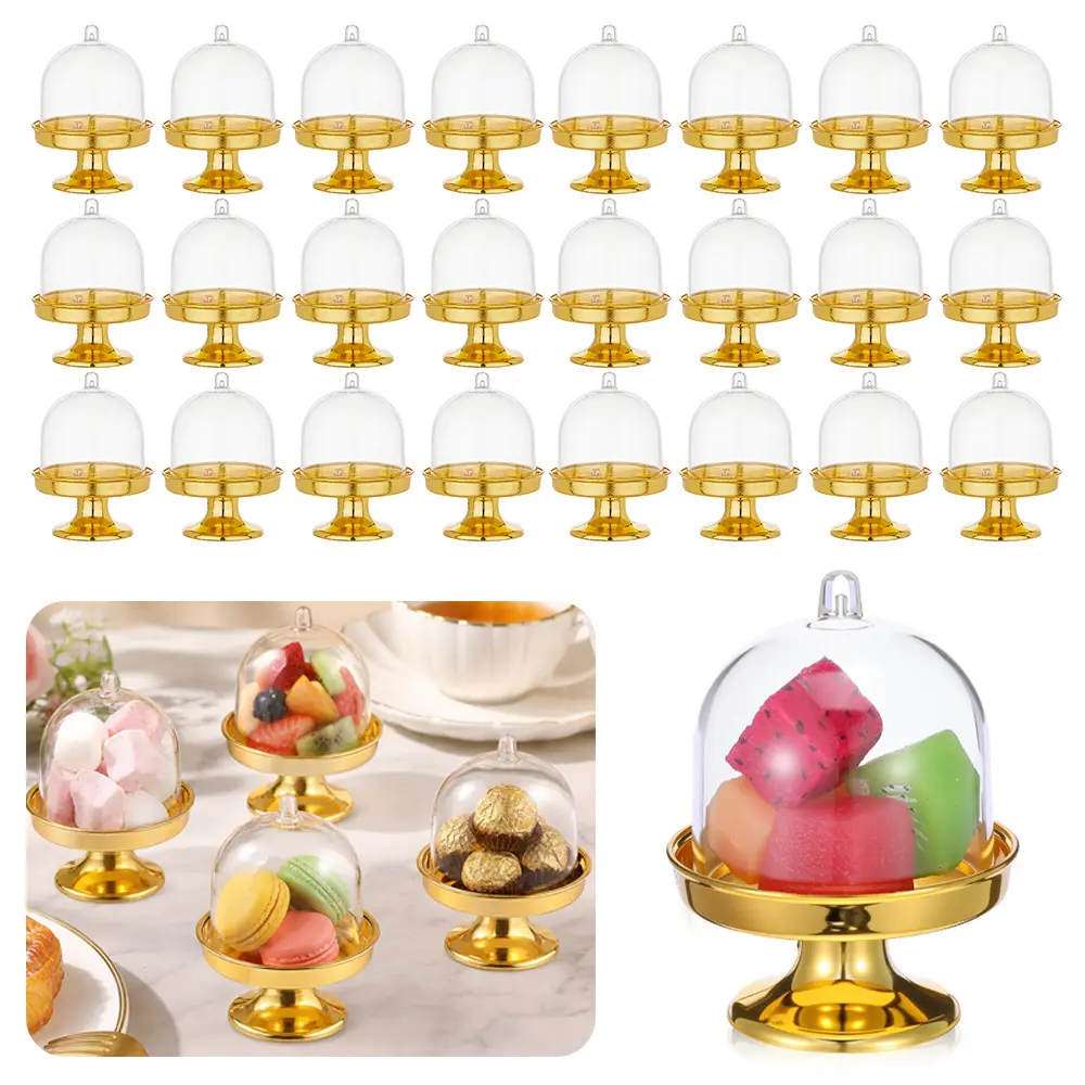 24 Pack Mini Clear Dome Dessert Display Holders with Golden Base, Mini Cake Stands for Macarons, Truffles, Fruit, Wedding & Baby Shower Table Centerpieces
