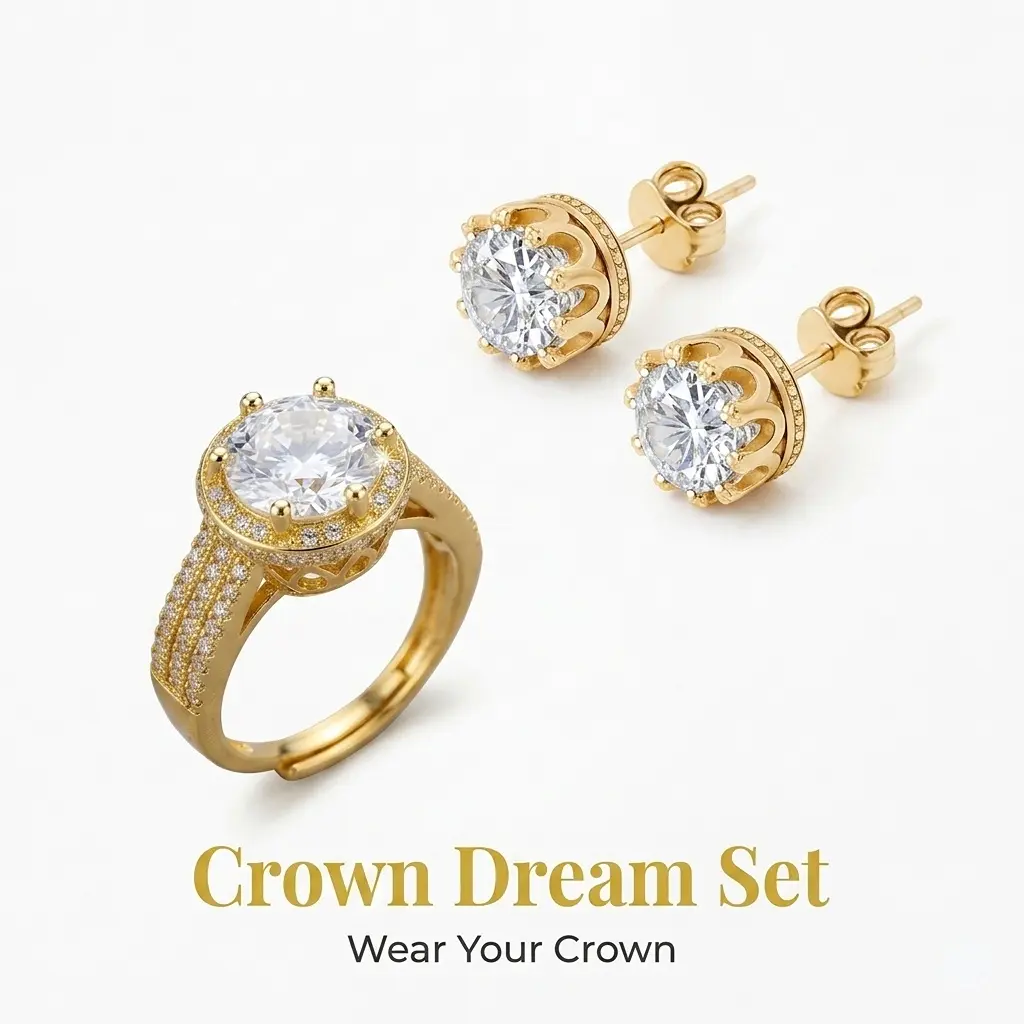 925 Sterling Silver Jewelry Set (2-Piece): Crown-Shaped Cubic Zirconia Ring and Stud Earrings – Exquisite, Unique, and Distinctive Design; Ideal for Birthdays or Graduations.