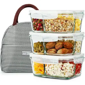 DAS TRUST 3 Pack 36Oz Bento Box Glass Meal Prep Containers with 3 Compartments, Glass Food Storage Containers with Lids, Meal Prep Bowls, Lunch Box, Oven & Microwave Safe DAS TRUST