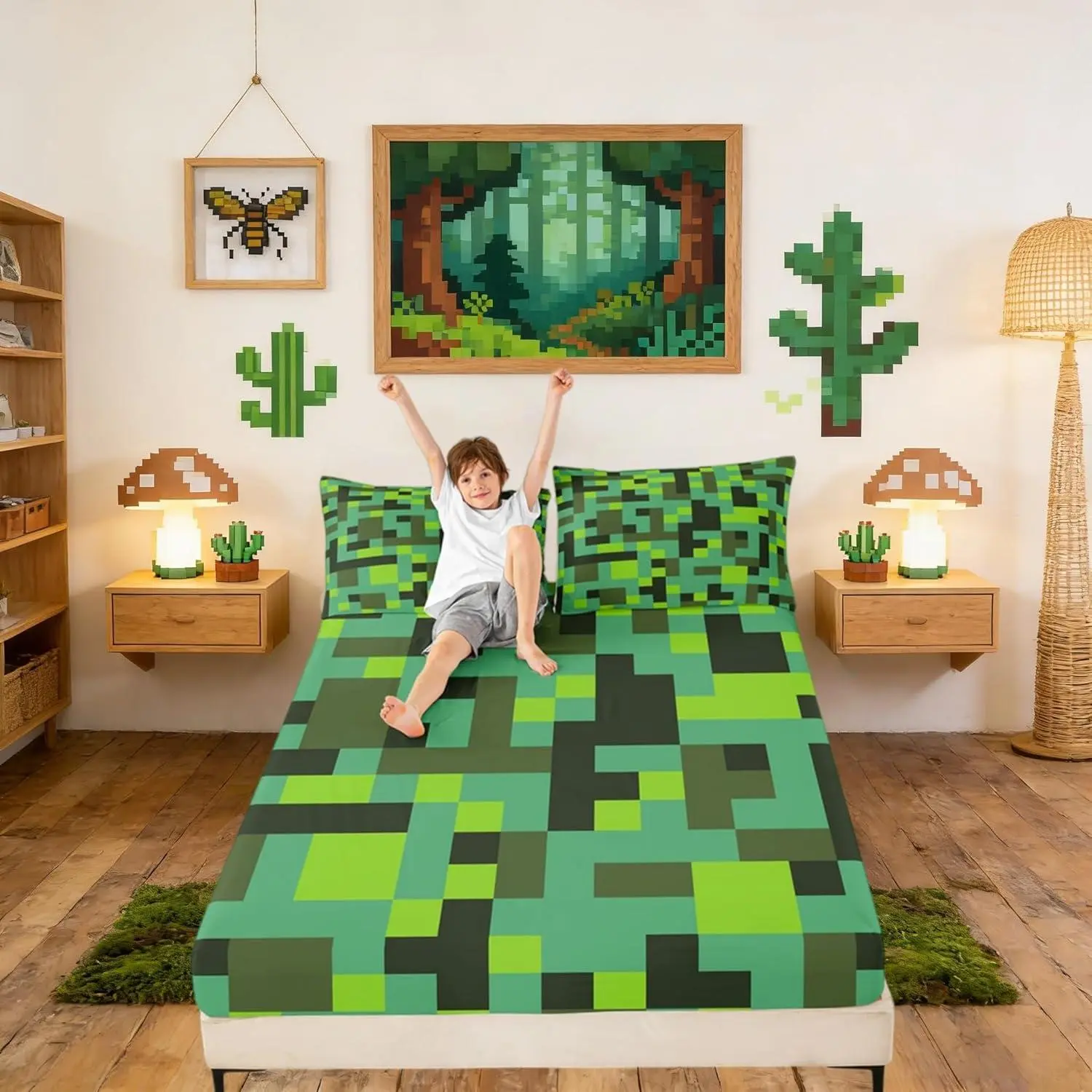 Feelyou Cartoon Pixel Grid Miners Fitted Sheet - Vibrant Grid Print, Gamepad Design, Deep Pocket, Breathable, Cyan Green Geometric Patchwork, Elastic All Around, Dries Quick on Tumble Dry Low, Kids Bedroom Guest Room Bedding Decor (No Flat Sheet Included)