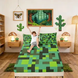 Pixel Grid Miners Kids Fitted Sheet,Geometric Grid Patchwork Pixelated Boys Girls Bed Sheets,Cartoon Gamepad Video Games Room Decor,Cyan Green Bedding Set,(No Flat)