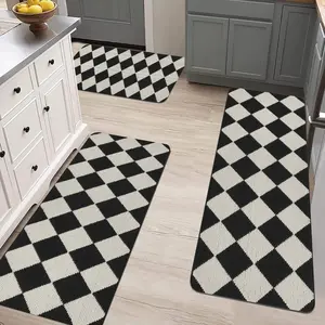 3 Piece Checkered Kitchen Runner Rug Set Washable Non Slip Indoor Floor Carpet Doormat for Laundry Bathroom Living Room Tear Resistant Soft Anti Slip Bottom non-slip checkerboard flannel mat room hallway simple design cozy modern area