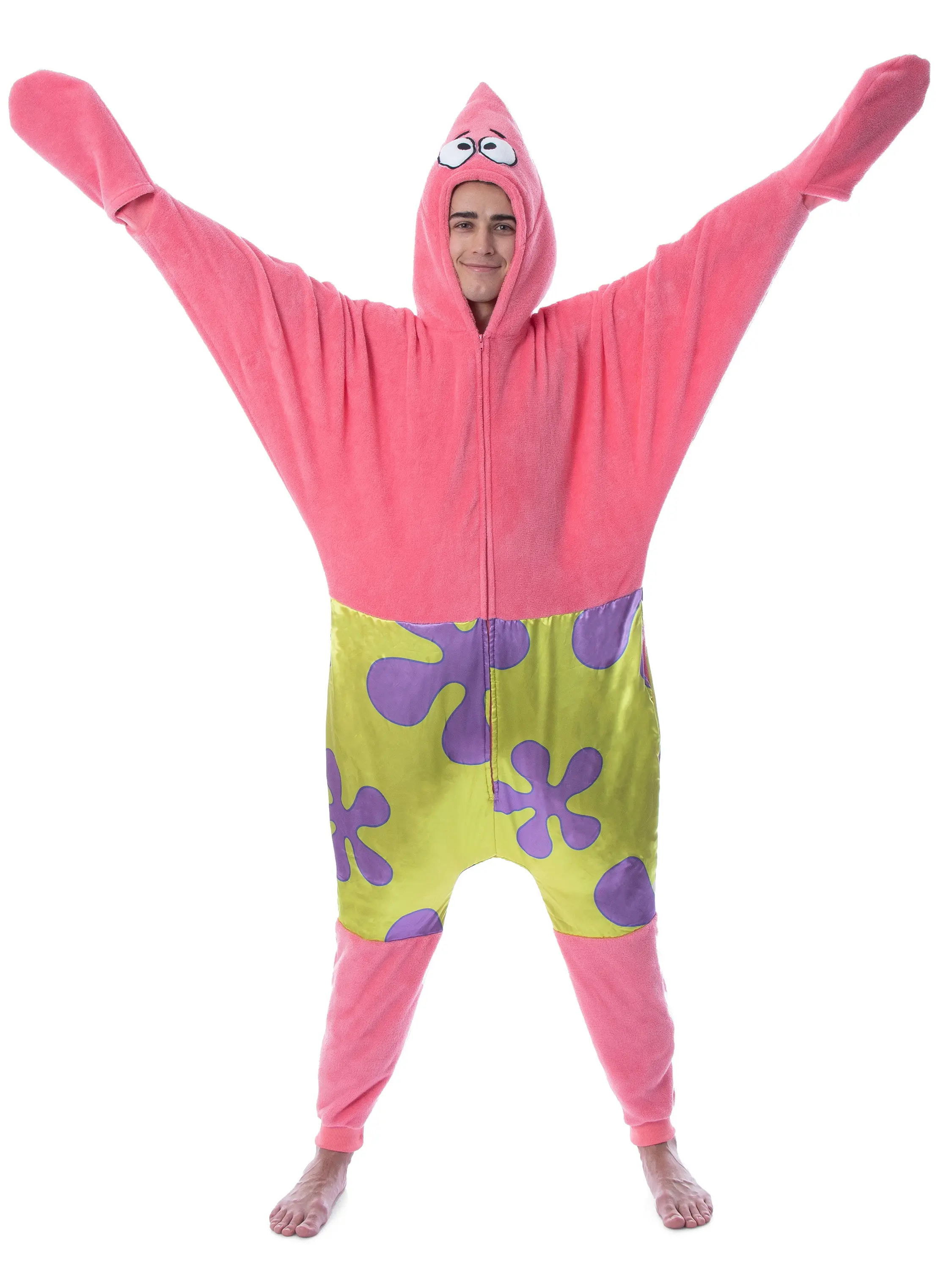 PJammy Men's SpongeBob Patrick Star Costume Union Suit, Soft Polyester 1-Piece Pajama Nightwear with 3D Hood and Pockets, Fabric, Loungewear, Long Sleeve, Stuffed, Apparel