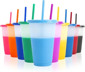 10 color-changing cups with lids and straws, color-changing glass cups, reusable cups with lids, perfect for cold drinks, iced coffee, smoothies, etc.