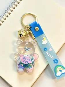 Cute Liquid Quicksand Bear Keychain Bag Charm Kawaii Cartoon Sweet Pastel Aesthetic With Shiny Glitter Sequins Gold Bell & Durable Wrist Strap Anti-Lost Metal Clasp For Teen Girls Women Backpack Purse Car Accessories Birthday Gift, Keychain For Bags