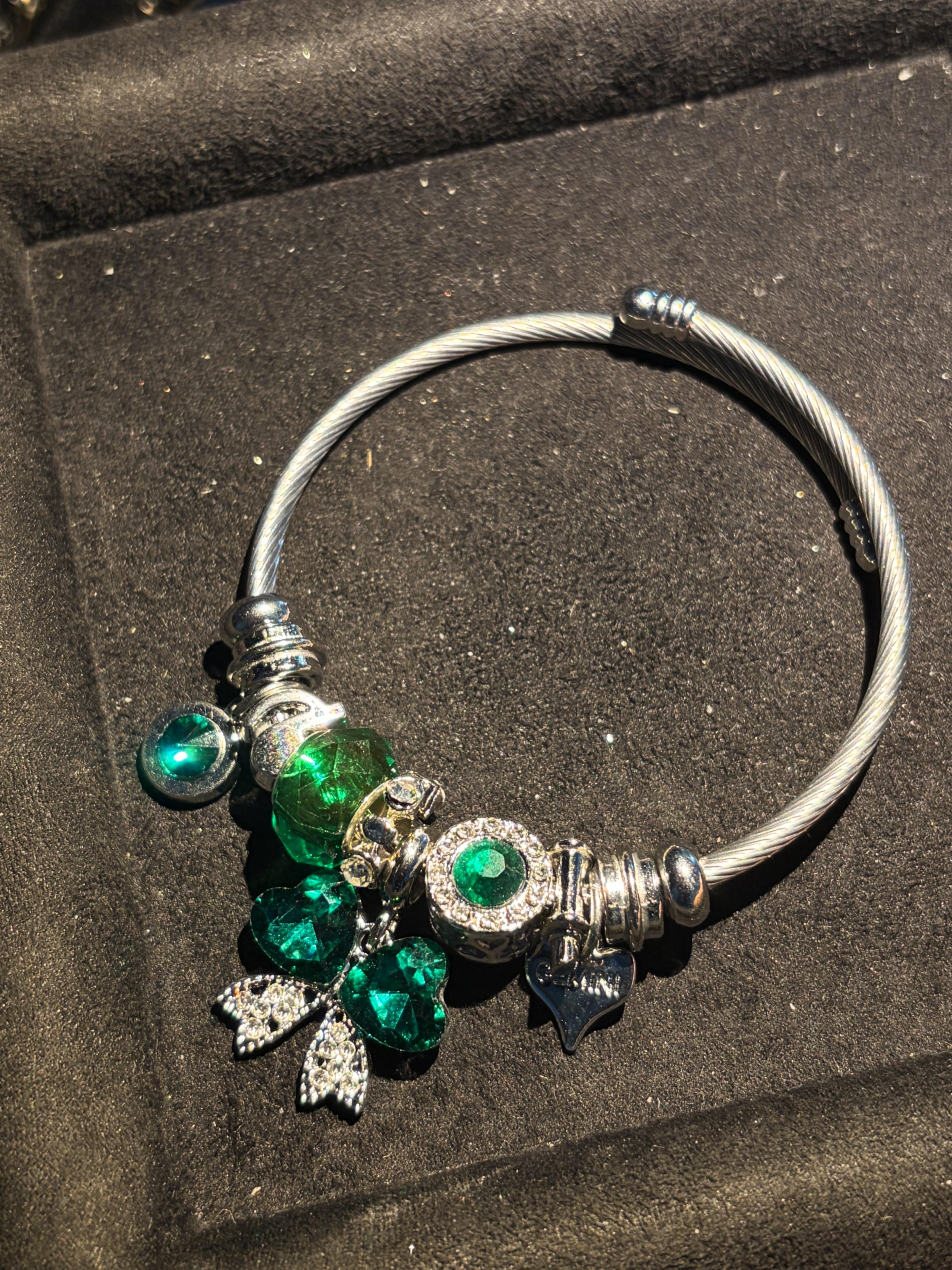 Women's Adjustable Open Silver-Tone Wire Bangle Bracelet, Sparkling Heart Butterfly Crystal Charm Design, 2-Color Red/Green Costume Jewelry, Fashion Statement Gift for Daily/Party Use