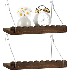2 Pack Fabric Wall Cubicle Shelf with Hooks 11.8" Wooden Scalloped Organizer Storage Shelf with Hangers Cubicle Accessories for Women Office Wall Desk Bedroom Decor (Dark Brown)