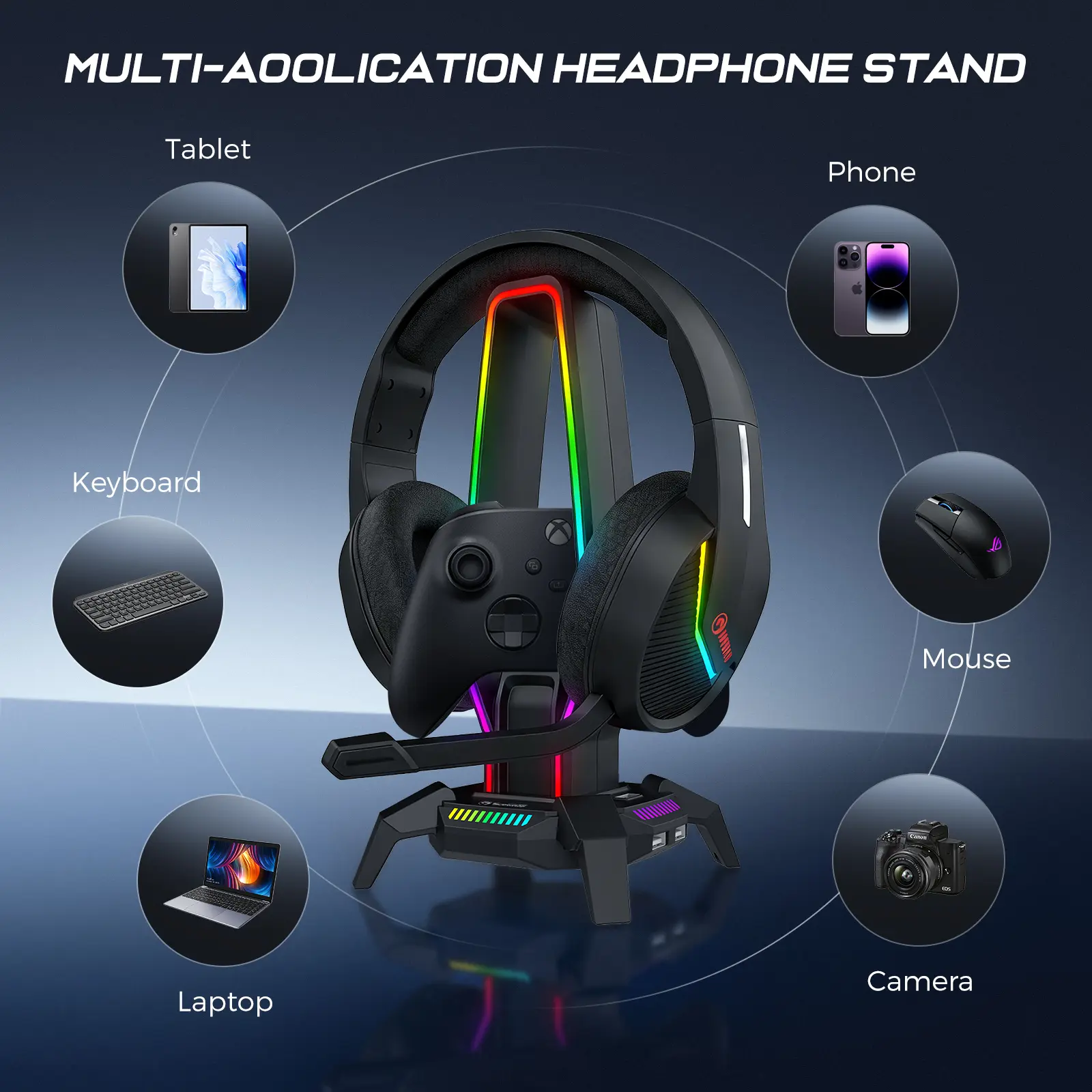 Marvo USB 2.0 Hub & Headset Stand Combo - Gaming Accessories for PC Gamers, 10 RGB Light Modes, 3 USB Ports, Type-C Charger, 3.5mm Audio Jack, 480Mbps Speed, 323g Lightweight, Usb Charging Ports, Usb Extension