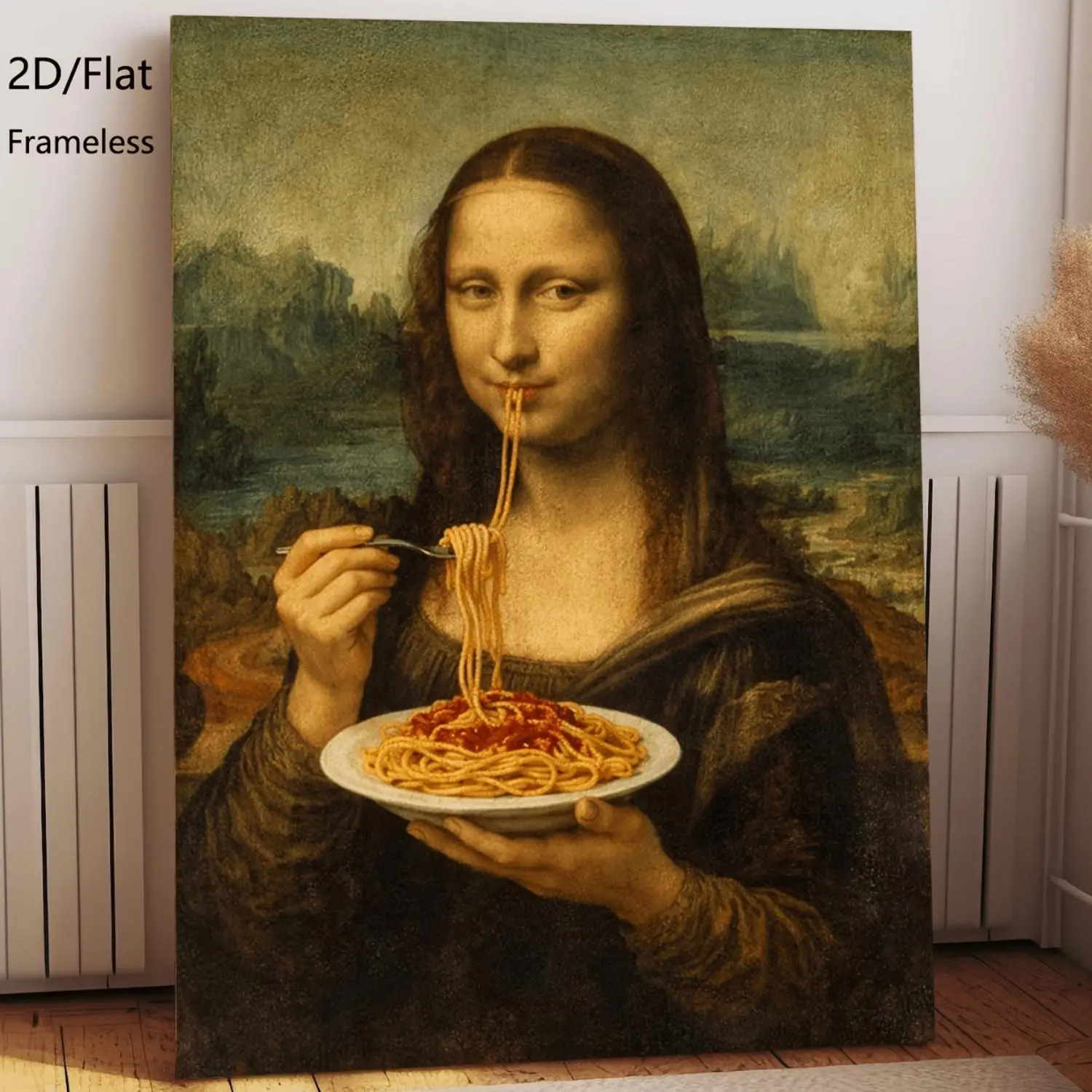 Whimsical Mona Lisa Eating Pasta Canvas Wall Arts Playful Renaissance Style Wall Decor Unframed Kitchen Canvas Art Unique Home Wall Decorations