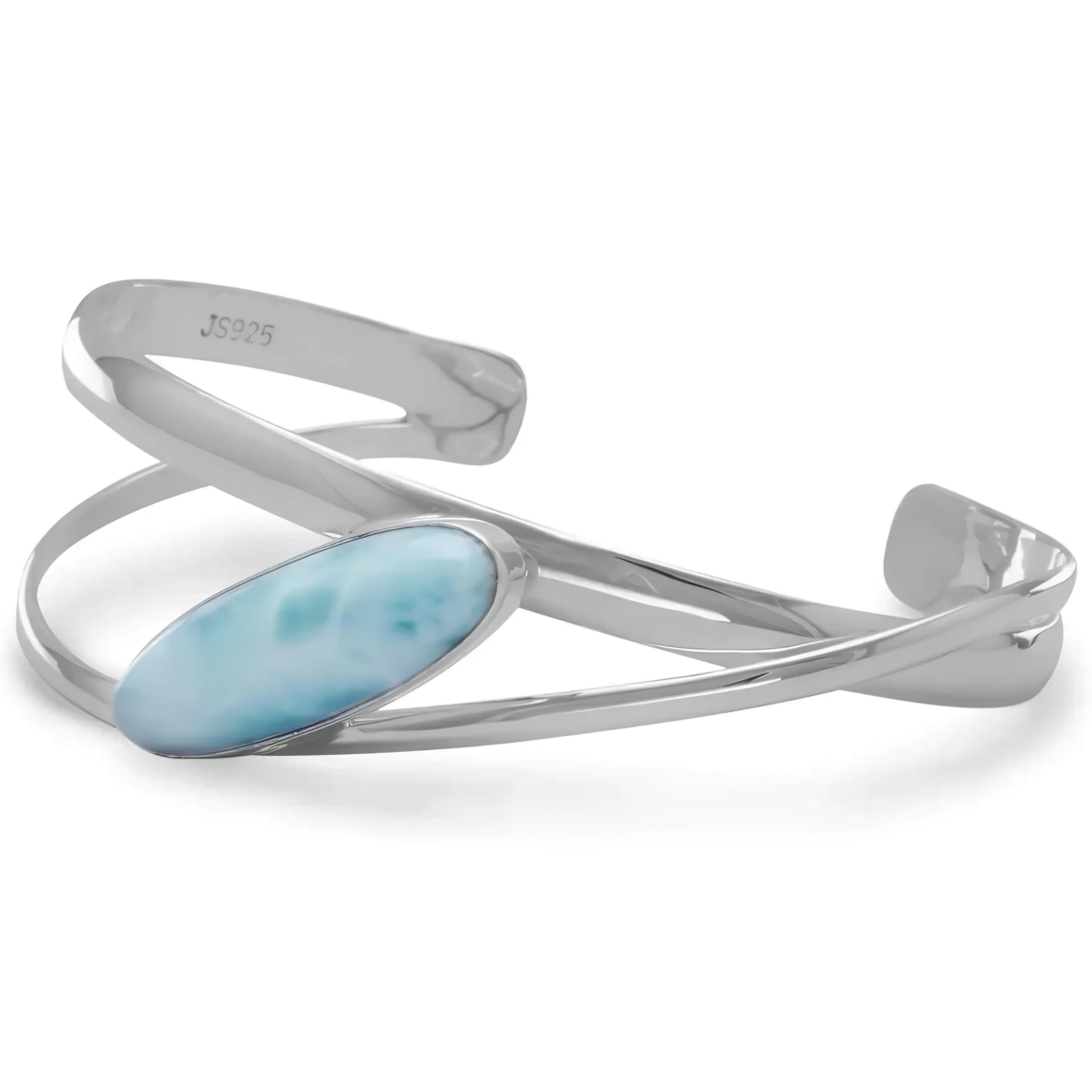 Large Oblong Larimar Cuff Bracelet 925 Sterling Silver 11x30mm Open Design